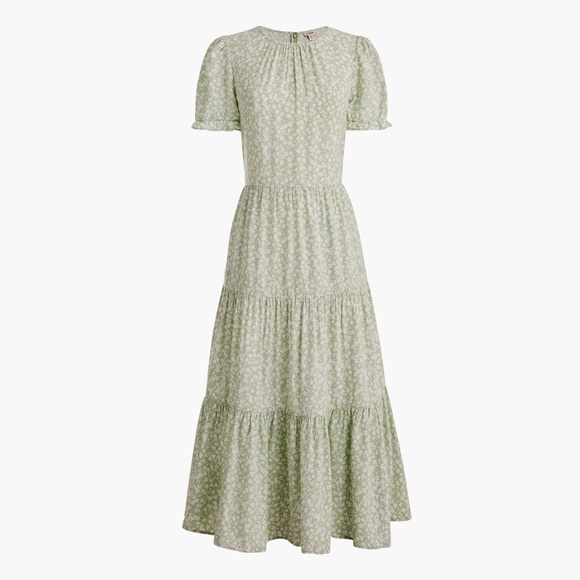 J. Crew Dresses & Skirts - J Crew Green Floral Puff Sleeve Tiered Midi Dress Cottagecore Womens Size Small